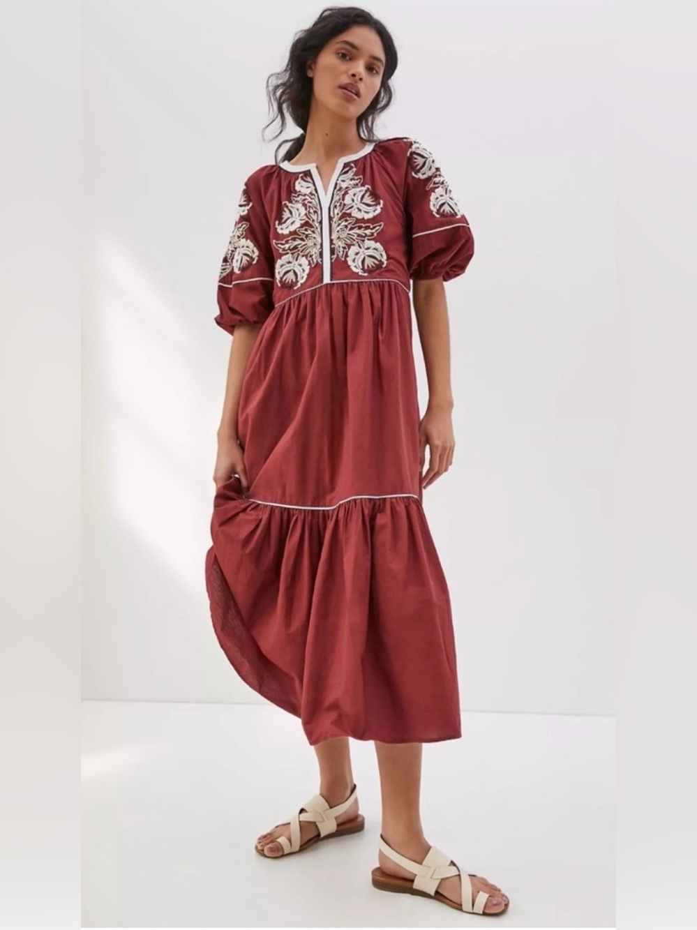ANTHROPOLOGIE GRETEL EMBROIDERED FOLK PEASANT MAXI DRESS, SIZE XS.